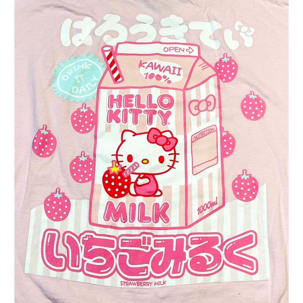 Hello Kitty by Sanrio Strawberry Milk T Shirt Unisex Pink Large Graphic Cotton